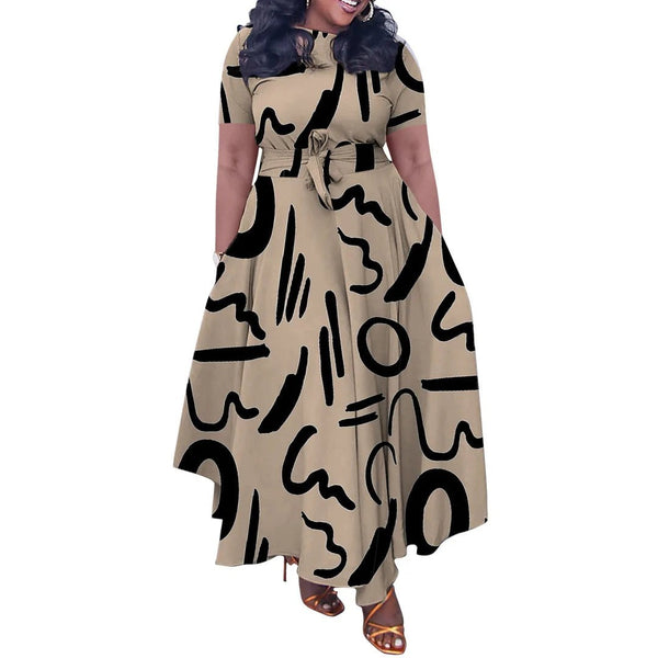 SlayEdgeBoutique beige short sleeve maxi dress with black abstract print, asymmetrical hem, and adjustable waist tie.