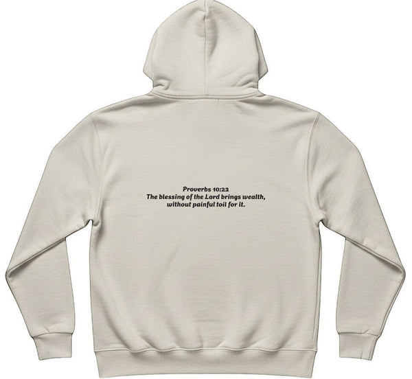 SlayEdgeBoutique beige pullover hoodie featuring Proverbs 10:22 scripture text on the back
