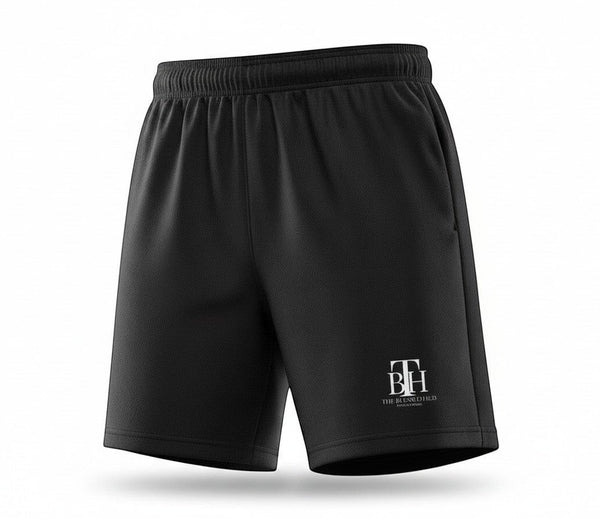 SlayEdgeBoutique black athletic performance shorts with THE BLESSED HUB INTERNATIONAL logo and elastic waistband