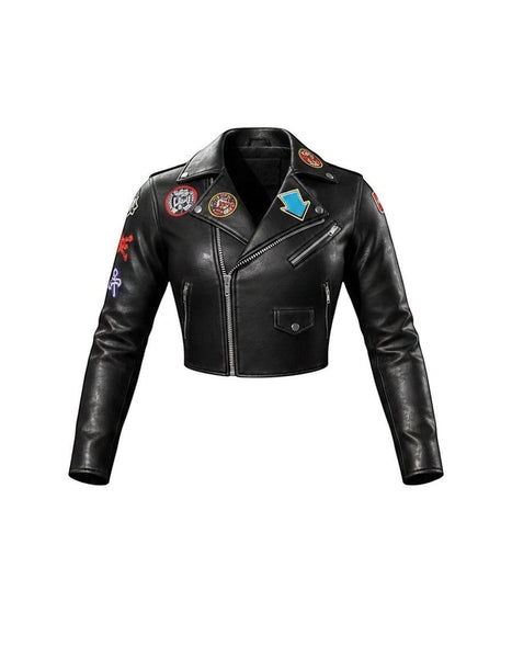 SlayEdgeBoutique black faux leather cropped moto jacket with vibrant eclectic patches and silver zipper hardware.