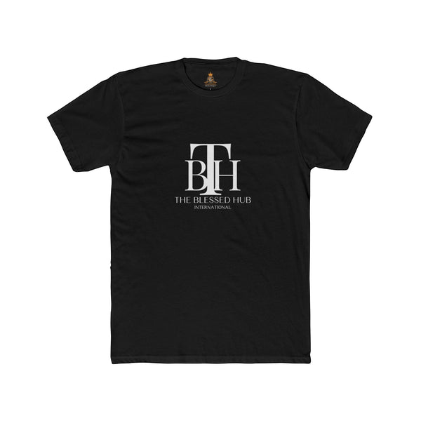 SlayEdgeBoutique black crewneck t-shirt featuring a white The Blessed Hub International logo on the chest.