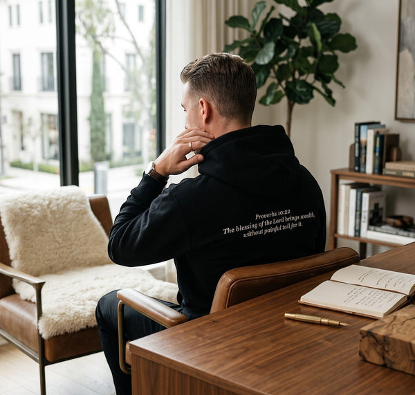 SlayEdgeBoutique black pullover hoodie with Proverbs 10:22 text on back, worn by a man in a home office setting.