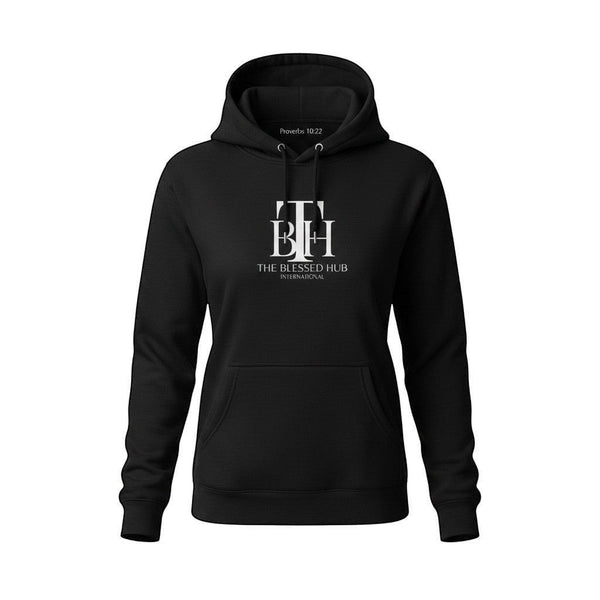 SlayEdgeBoutique black pullover hoodie with The Blessed Hub International logo and Proverbs 10:22 on the hood