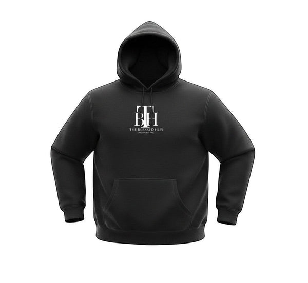 SlayEdgeBoutique black pullover hoodie with The Blessed Hub International logo, kangaroo pocket, and drawstring hood.