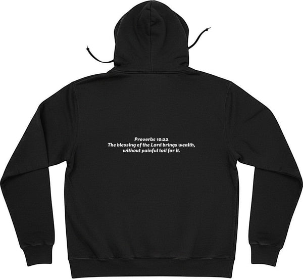 SlayEdgeBoutique black pullover hoodie featuring Proverbs 10:22 scripture text on the back in white lettering.