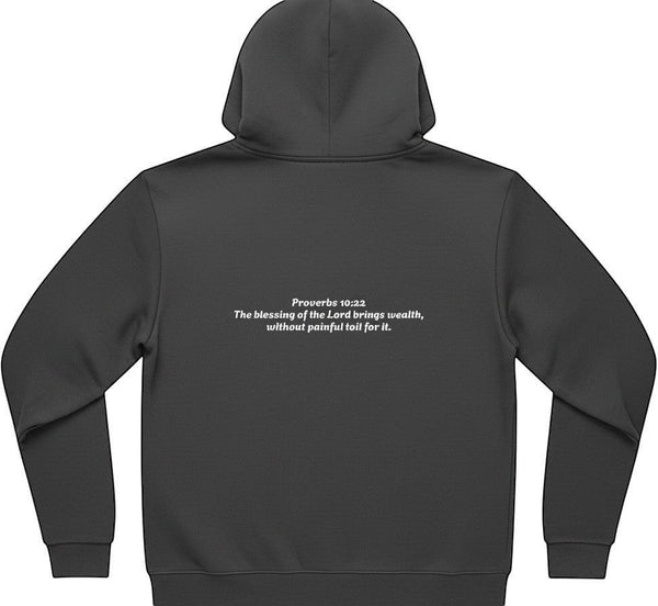 SlayEdgeBoutique black pullover hoodie featuring Proverbs 10:22 scripture text on the back in white lettering