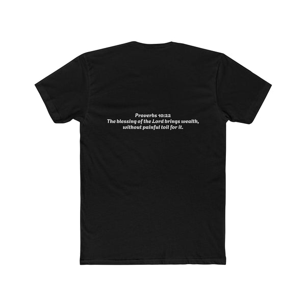 SlayEdgeBoutique black crewneck t-shirt featuring Proverbs 10:22 scripture printed in white on the back
