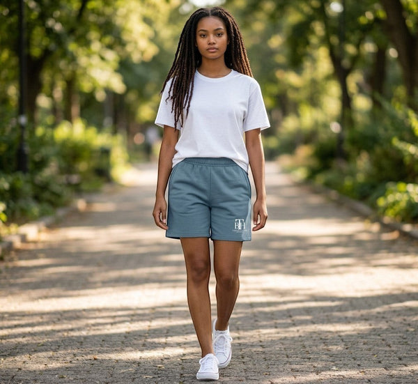 SlayEdgeBoutique athletic lounge shorts in blue with drawstring waist and logo, worn by a woman in a park.