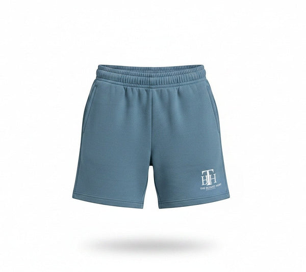 SlayEdgeBoutique blue athletic performance shorts with THE BLESSED HUB INTERNATIONAL logo and elastic drawstring waist