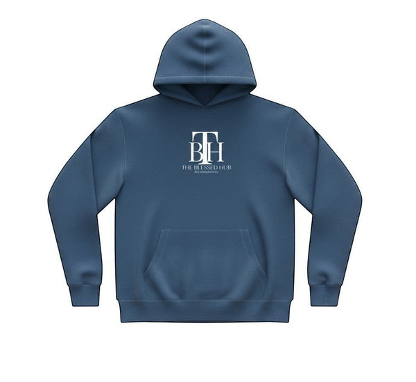 SlayEdgeBoutique blue pullover hoodie with The Blessed Hub International logo, kangaroo pocket, and drawstring hood.