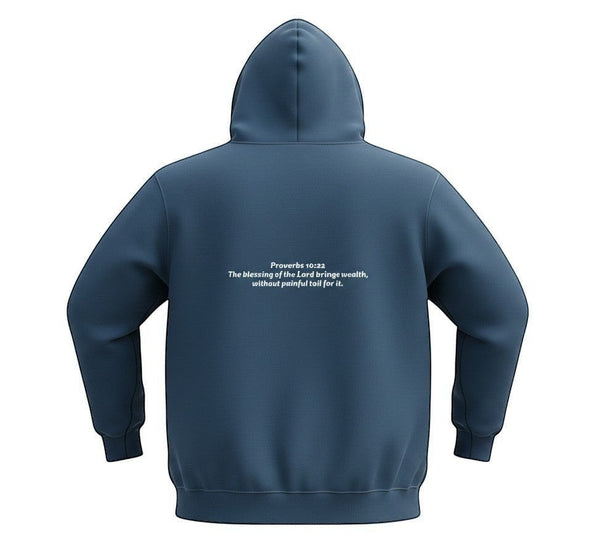 SlayEdgeBoutique blue pullover hoodie featuring Proverbs 10:22 scripture text on the back
