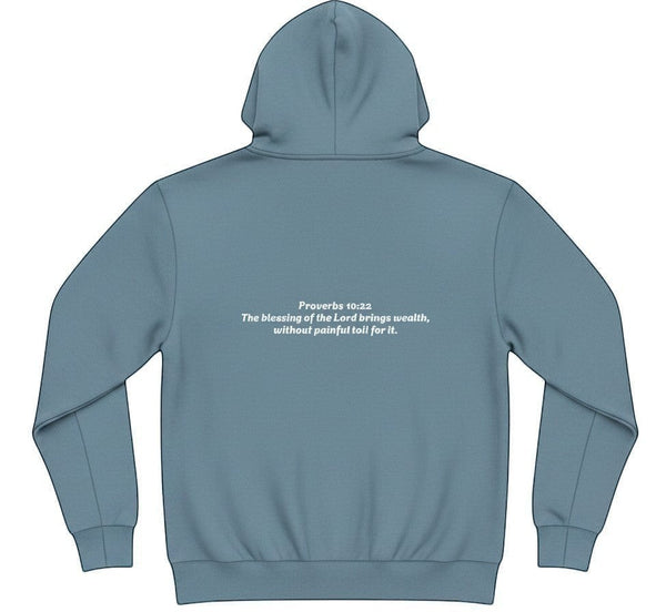 SlayEdgeBoutique blue pullover hoodie featuring Proverbs 10:22 scripture text on the back in a minimalist style.