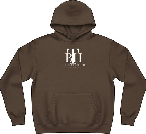 SlayEdgeBoutique brown pullover hoodie with white The Blessed Hub International logo and kangaroo pocket