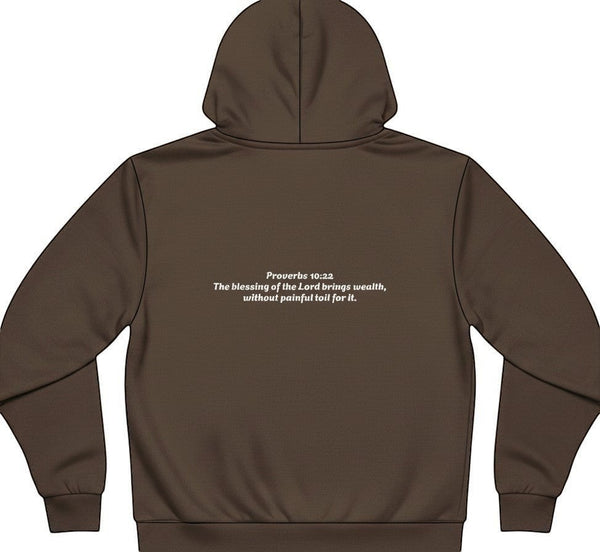 SlayEdgeBoutique brown pullover hoodie featuring Proverbs 10:22 scripture text on the back in white lettering