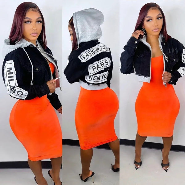 SlayEdgeBoutique cropped black denim jacket with grey hood, letter print sleeves, and back graphic text