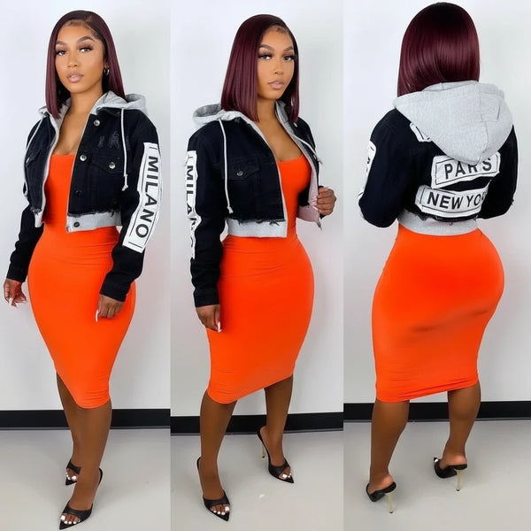 SlayEdgeBoutique cropped black denim jacket with grey hood, letter print sleeves, and distressed hem on a model.