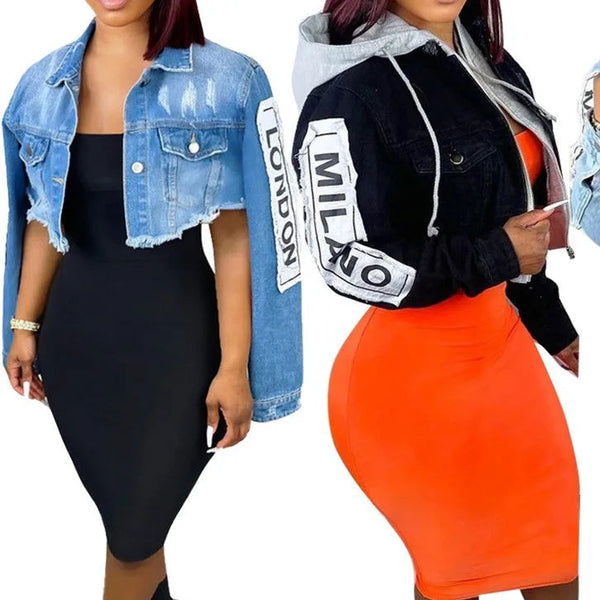 SlayEdgeBoutique cropped denim jackets in blue and black with letter print sleeves and distressed detailing