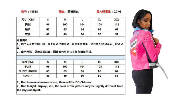 SlayEdgeBoutique graphic print faux leather moto jacket in hot pink, black, and blue with metallic shoulder studs.