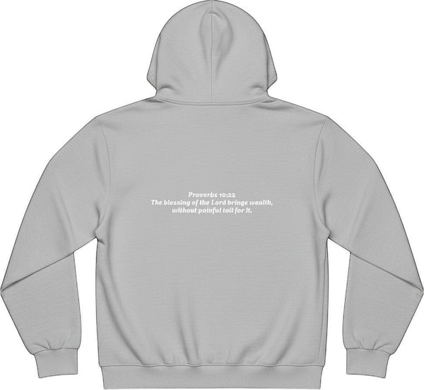 SlayEdgeBoutique grey pullover hoodie featuring Proverbs 10:22 scripture text on the back in a minimalist style.