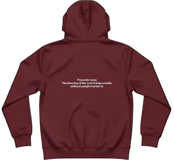 SlayEdgeBoutique maroon pullover hoodie featuring Proverbs 10:22 scripture text on the back