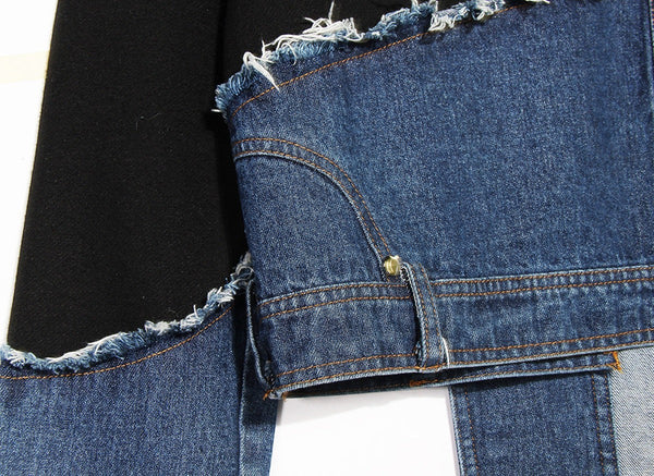 SlayEdgeBoutique motorcycle pullover featuring black fabric and blue denim patchwork with frayed raw edges.