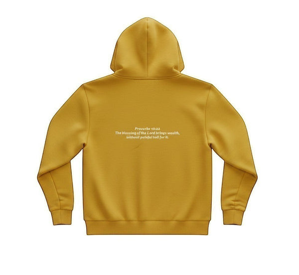 SlayEdgeBoutique mustard yellow pullover hoodie with Proverbs 10:22 scripture printed on the back
