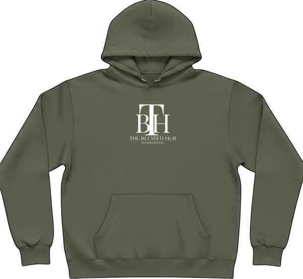SlayEdgeBoutique olive green pullover hoodie with The Blessed Hub International logo, kangaroo pocket, and hood.
