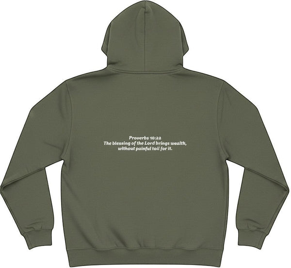 SlayEdgeBoutique olive green pullover hoodie with Proverbs 10:22 scripture text printed on the back