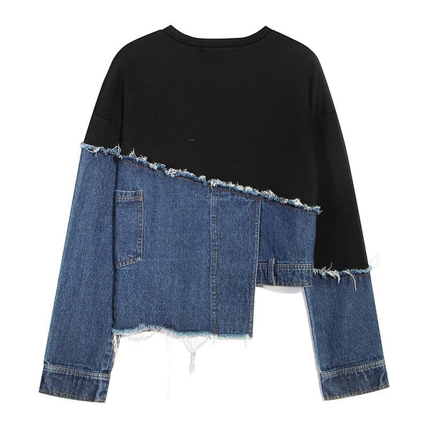 SlayEdgeBoutique black and blue denim patchwork pullover sweatshirt with frayed raw hem and motorcycle style design
