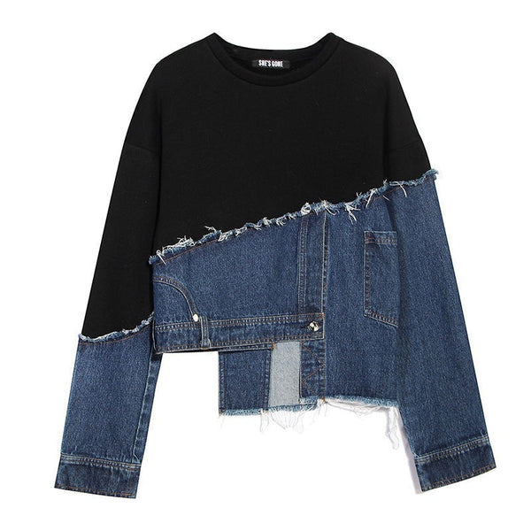 SlayEdgeBoutique black cotton and blue denim patchwork pullover sweatshirt with raw frayed edges