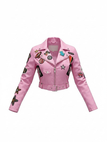 SlayEdgeBoutique pink faux leather cropped moto jacket with eclectic patches and a belted waist.
