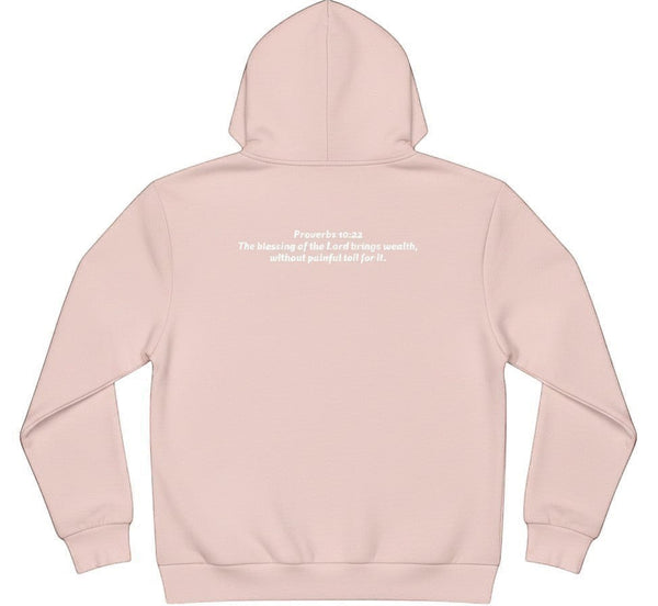 SlayEdgeBoutique light pink pullover hoodie featuring Proverbs 10:22 text on the back with a drawstring hood