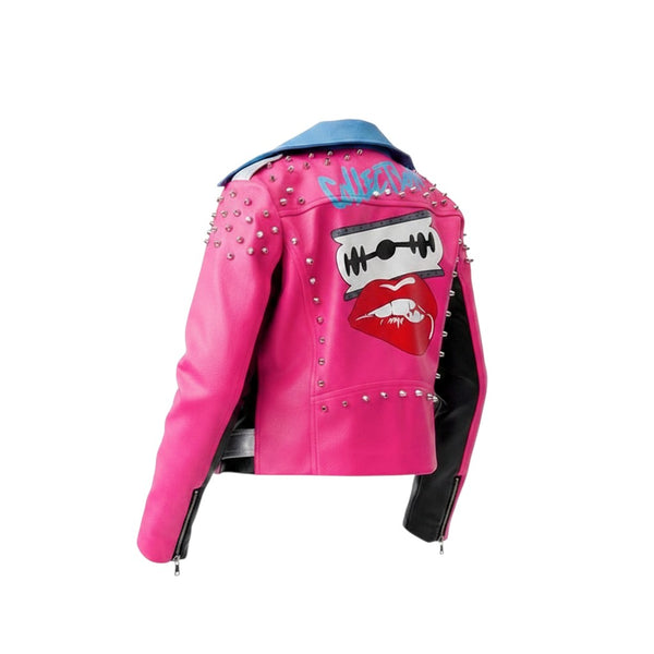SlayEdgeBoutique pink faux leather moto jacket with metallic studs and graphic print on the back