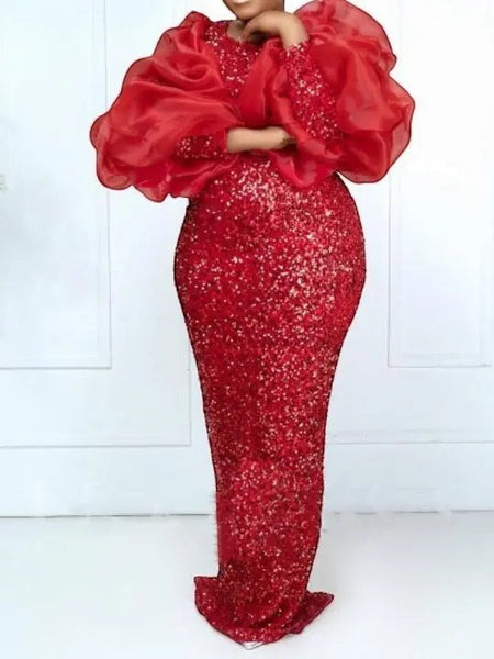 SlayEdgeBoutique red sequin floor-length evening gown with dramatic organza puff sleeves for formal events.