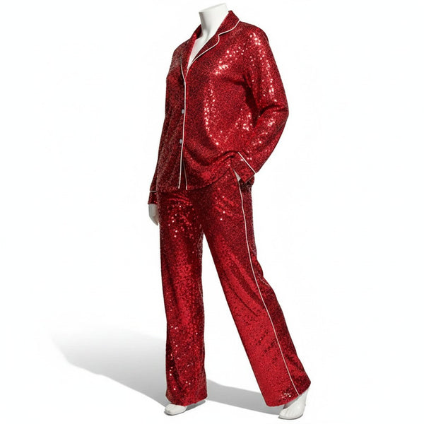 SlayEdgeBoutique red sequin pajama-style blazer and trouser matching set with white piping trim on a mannequin