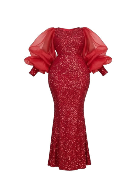 SlayEdgeBoutique red floor-length sequin evening gown with dramatic sheer organza puff sleeves for formal events.