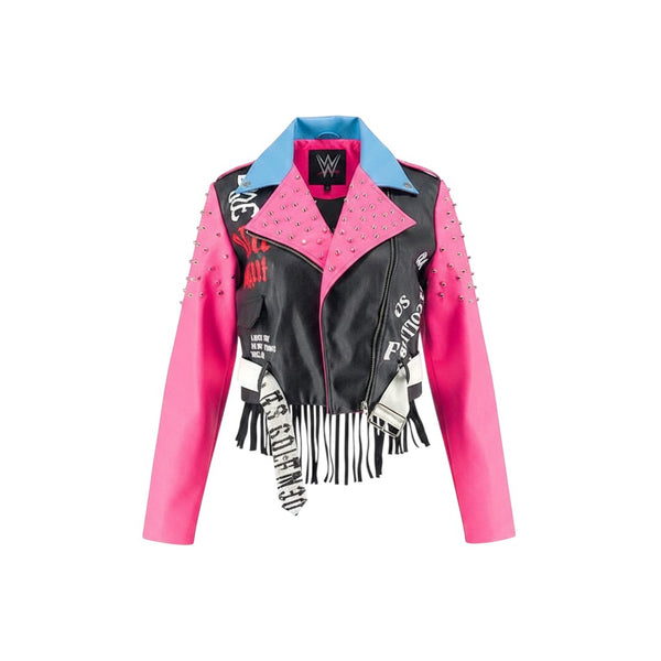 SlayEdgeBoutique faux leather moto jacket in pink, black, and blue with metallic studs, graphic print, and fringe.