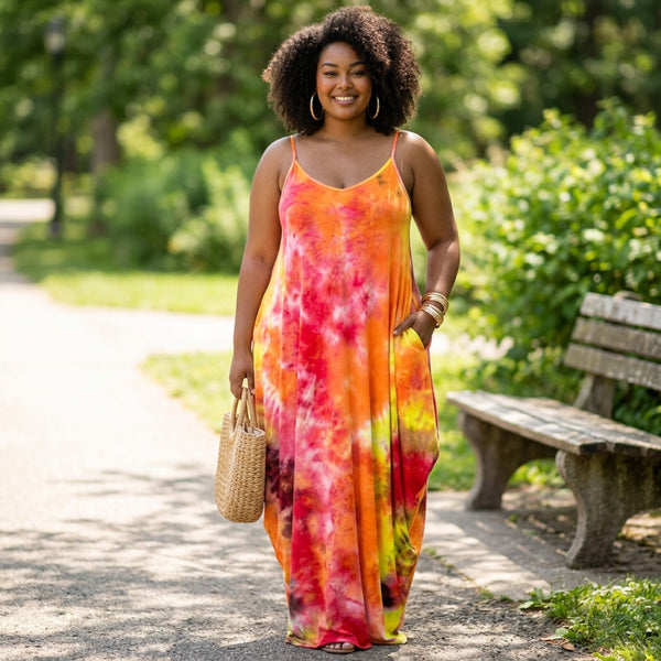 A woman wearing a SlayEdgeBoutique sleeveless tie-dye maxi dress in vibrant orange and pink, standing in a park.