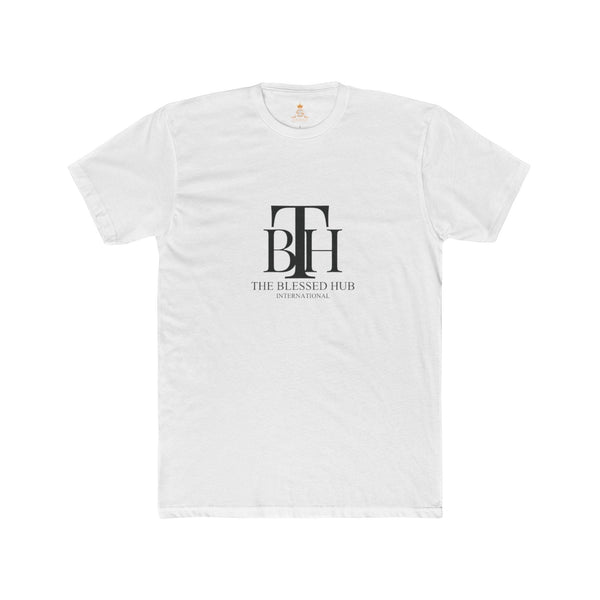 SlayEdgeBoutique white crewneck t-shirt featuring The Blessed Hub International logo in black on the chest