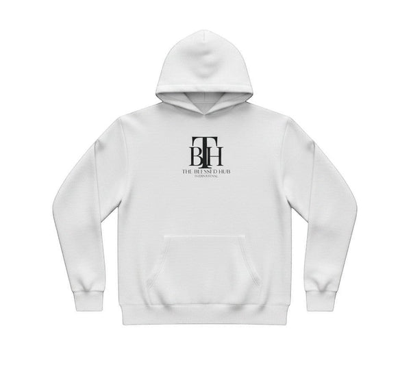 SlayEdgeBoutique white pullover hoodie featuring The Blessed Hub International logo on the chest and kangaroo pocket.