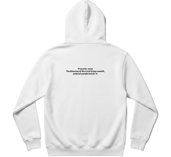 SlayEdgeBoutique white pullover hoodie featuring Proverbs 10:22 scripture text on the back