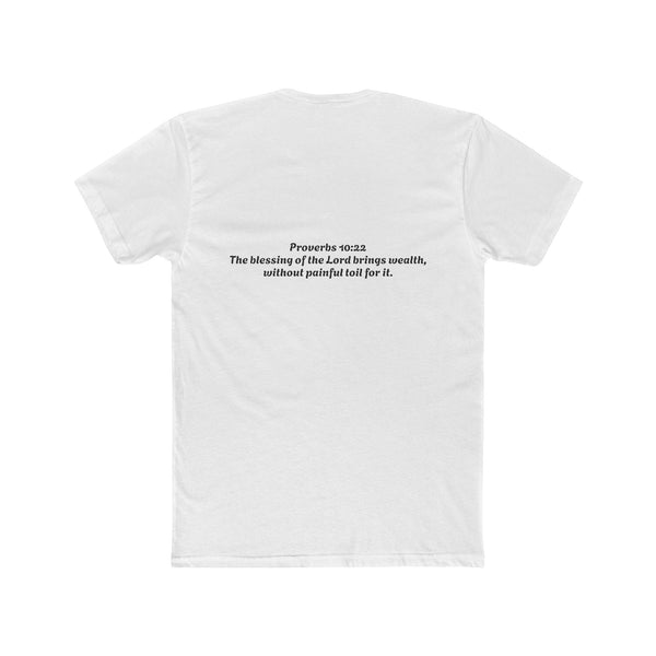 SlayEdgeBoutique white crewneck t-shirt featuring Proverbs 10:22 scripture printed on the back in black text