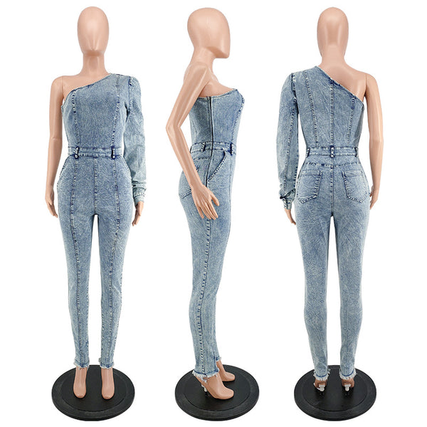 One Shoulder Denim Bodycon Jumpsuit