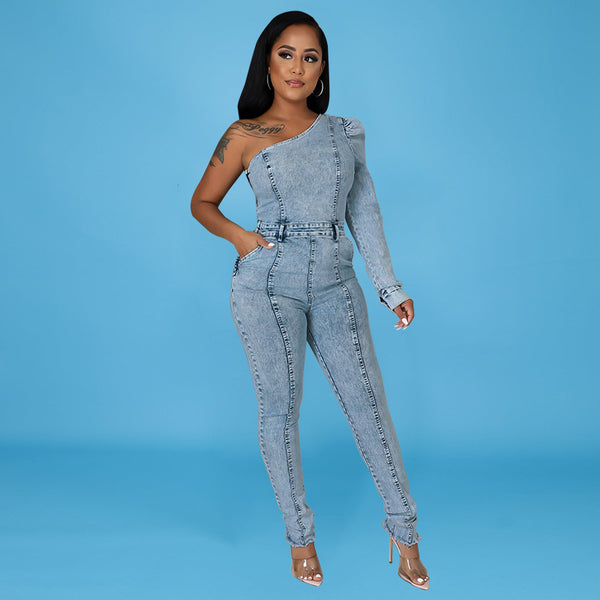 One Shoulder Denim Bodycon Jumpsuit