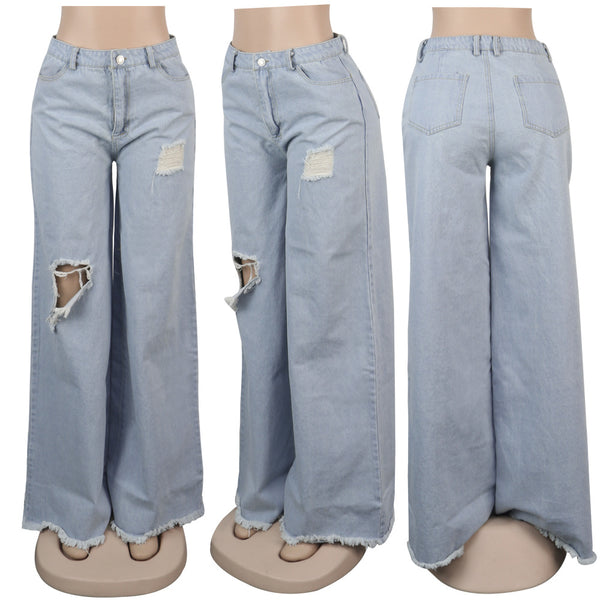 Boyfriend Wide Leg Distress Denim Pants