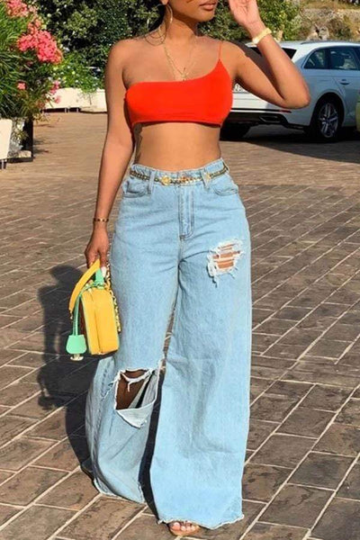 Boyfriend Wide Leg Distress Denim Pants