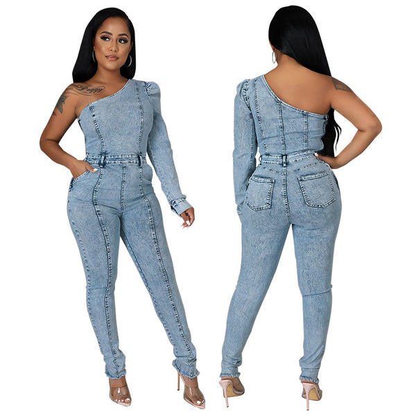 One Shoulder Denim Bodycon Jumpsuit