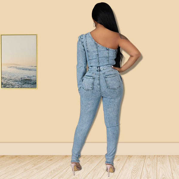 One Shoulder Denim Bodycon Jumpsuit