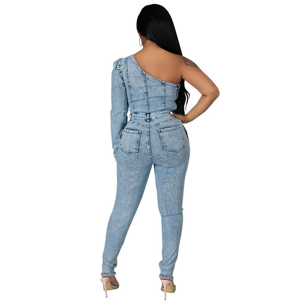 One Shoulder Denim Bodycon Jumpsuit