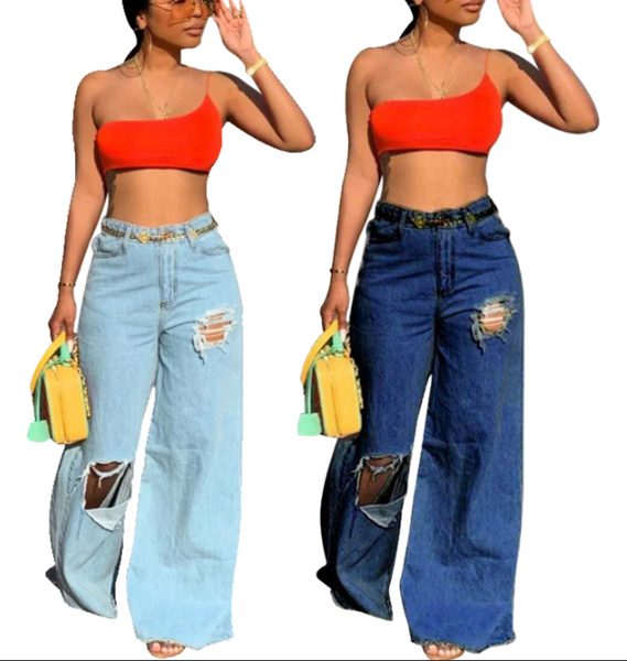 Boyfriend Wide Leg Distress Denim Pants